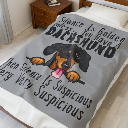 Silence Is Suspicious Dachshund Blanket | Funny Wiener Dog Mom Dad Gift | Cozy Pet Lover Throw | Cute Doxie Owner Humorous Decor