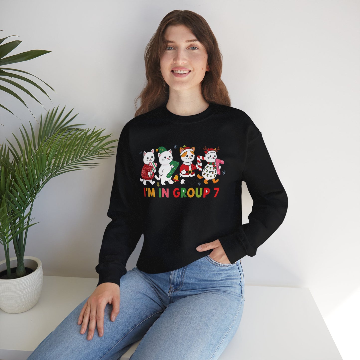Funny Cat Christmas Sweatshirt, I'm in Group 7, G7 Group Seven Shirt, Holiday Cat Jumper, Viral Meme Gift, 6 7 Six Seven Shirt,